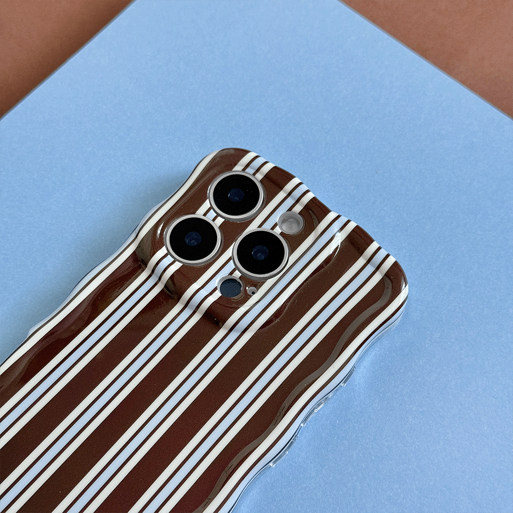 Phone Case with brown and white vertical stripes on a blue background.