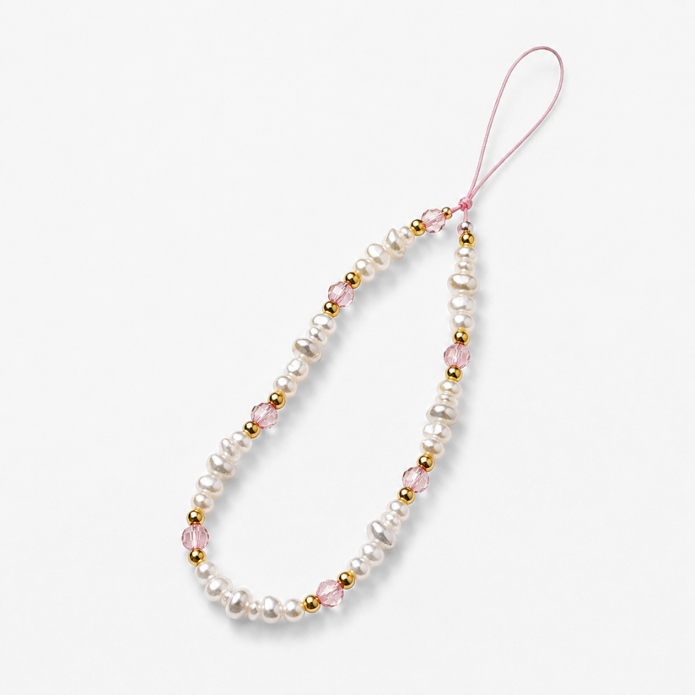Beaded Phone Strap - Pearl, Gold & Pink | Phone Charm | Coconut Lane