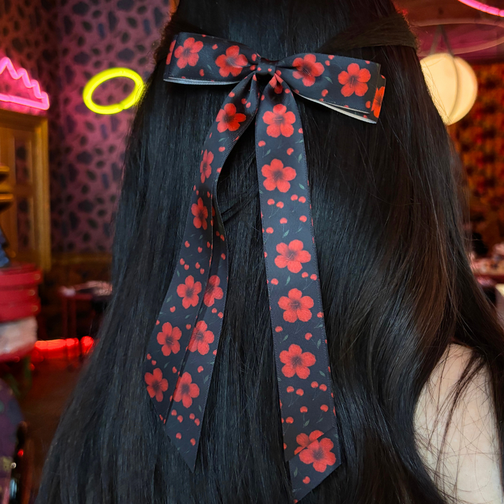 Ribbon Bow Clip - Cherry Hibiscus