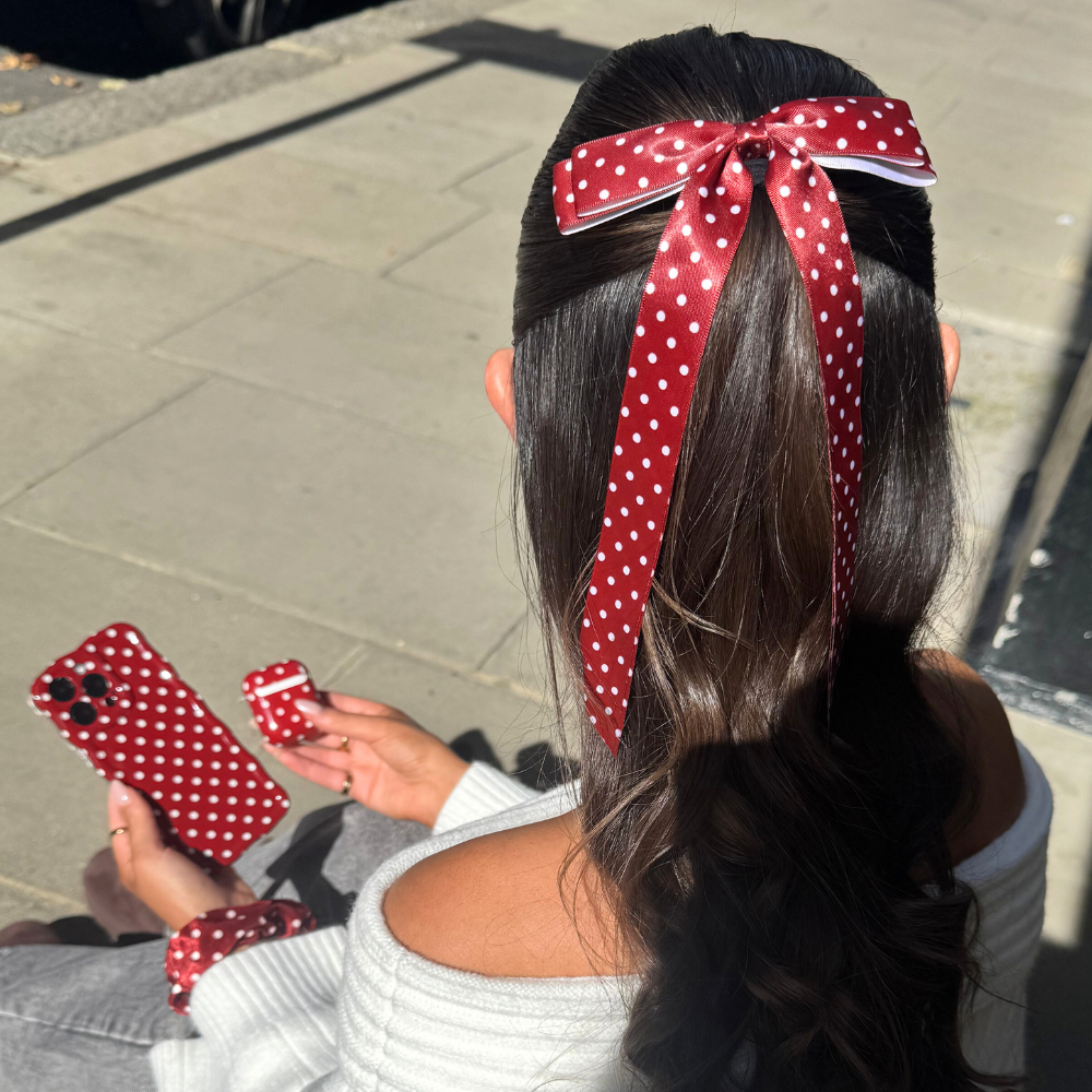 Ribbon Bow Clip - Burgundy Polka Dot