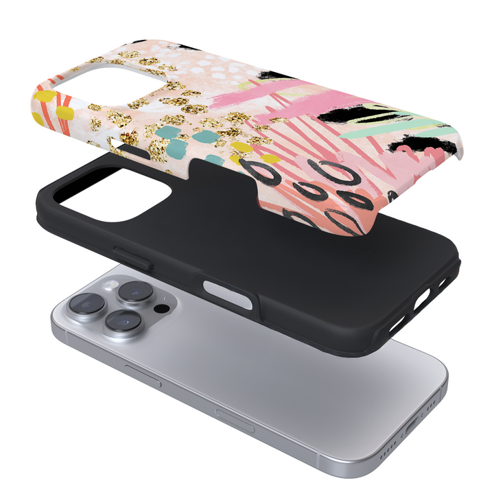 Expanded view of a phone case with an abstract design on a white background