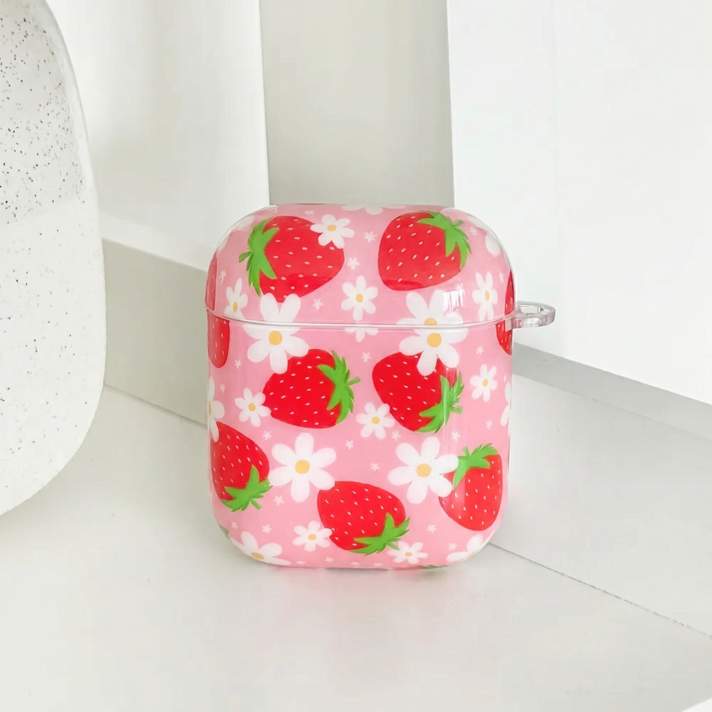 Pink AirPods Case with strawberry pattern.