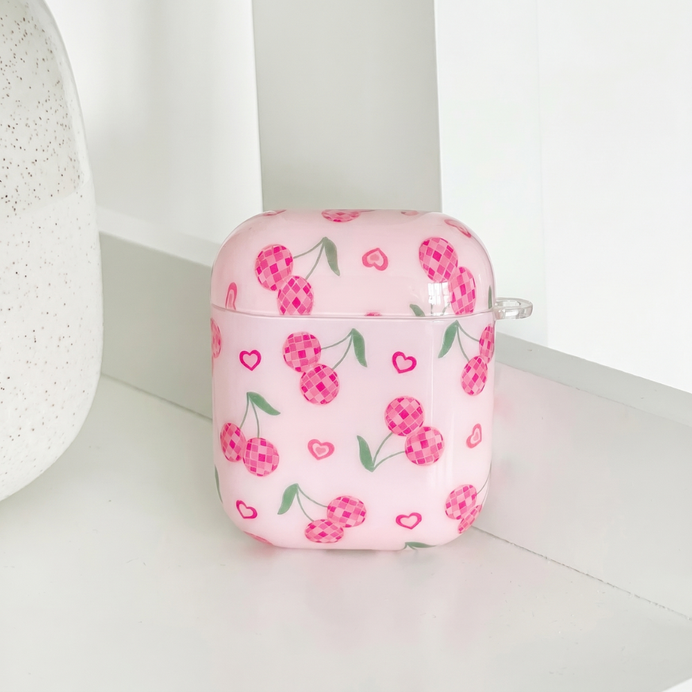 Pink AirPods Case with cherry design, with love hearts. 