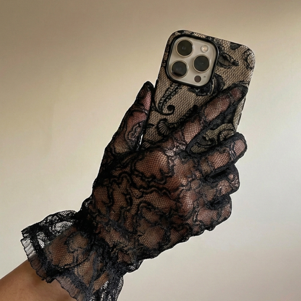 Black Lace Tough Phone Case held elegantly with a black lace glove