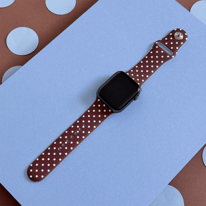 Brown Apple Watch Strap with blue polka dot design