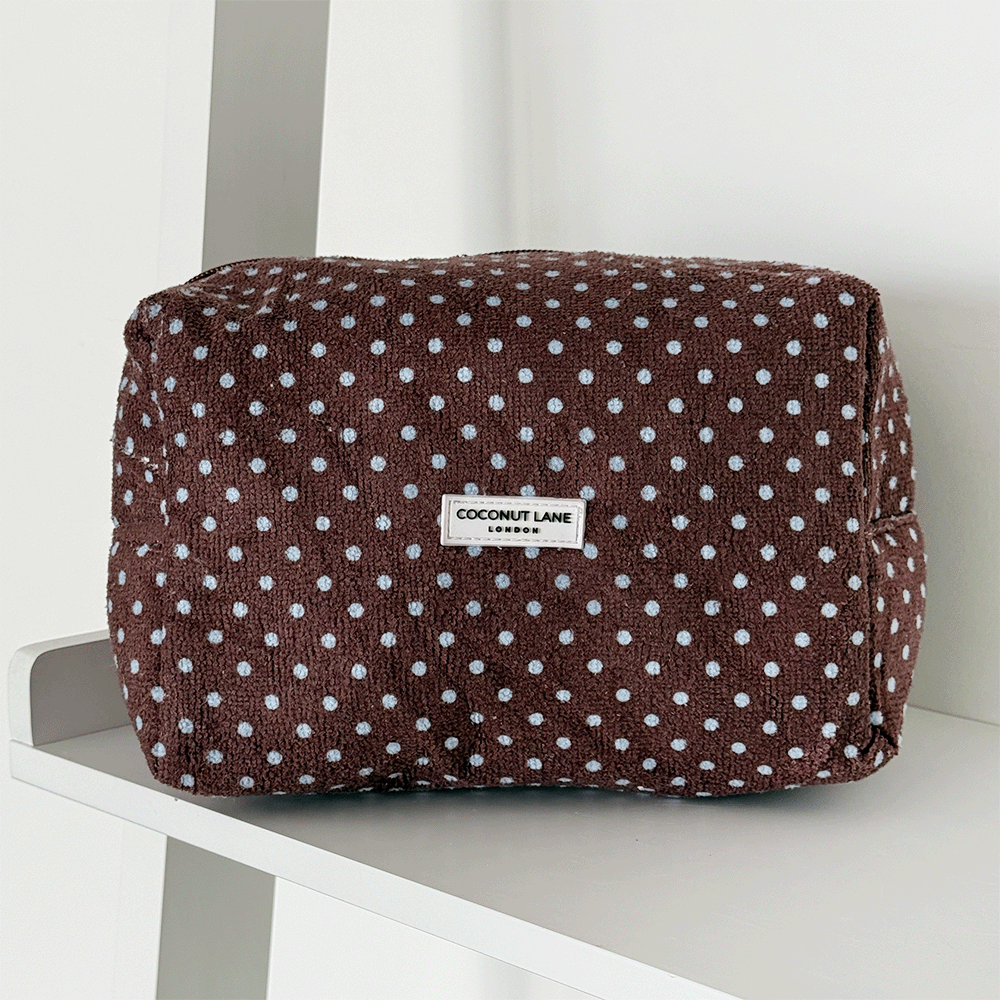Brown towel texture Makeup Bag with blue polka dot design. 