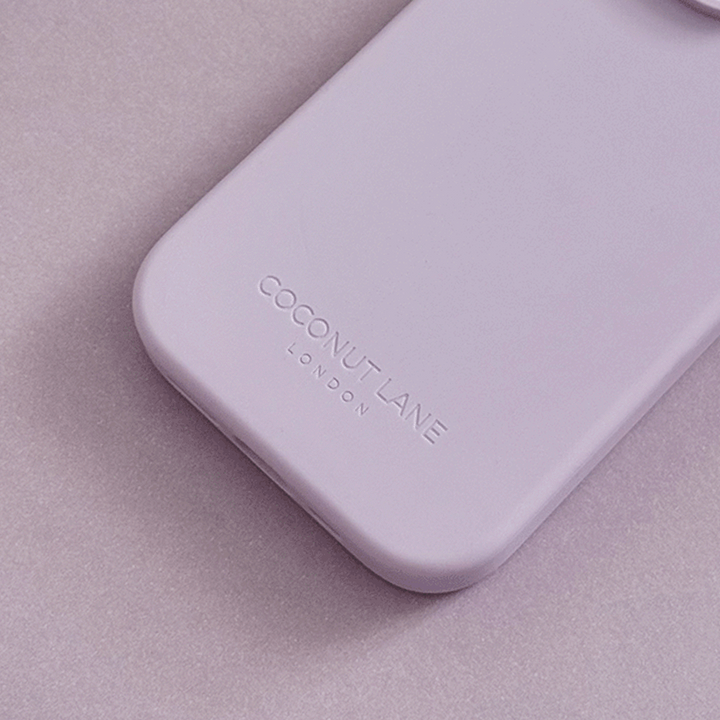 Lilac Phone Case with 'Coconut Lane' branding on a purple background.