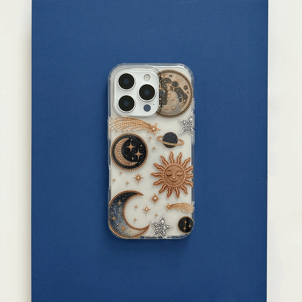 Clear Phone Case with celestial illustrations; stars, space, moon and sun.