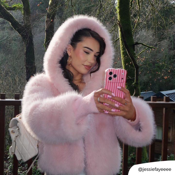 Girl in forest taking selfie with Wavy Cherry Stripe