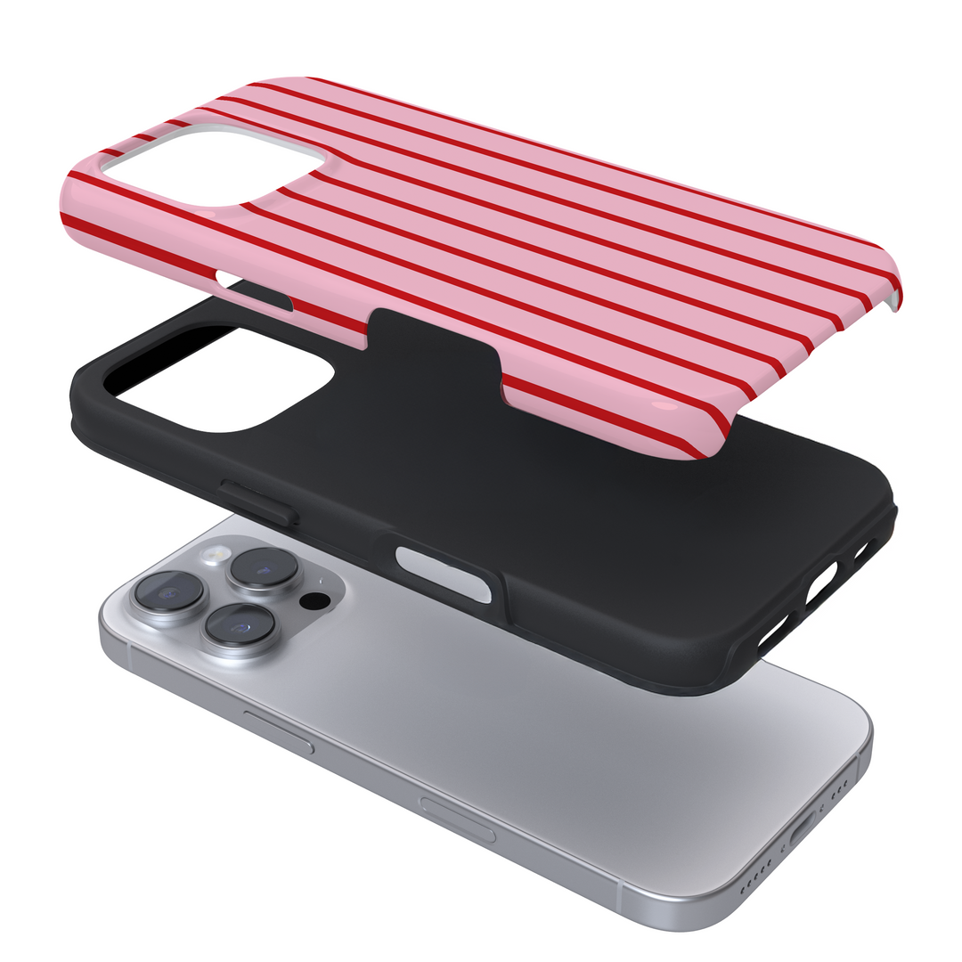 Expanded phone case with red and pink striped design on a white background