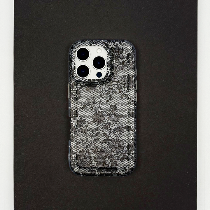 Clear Phone Case with floral lace design on a dark background.