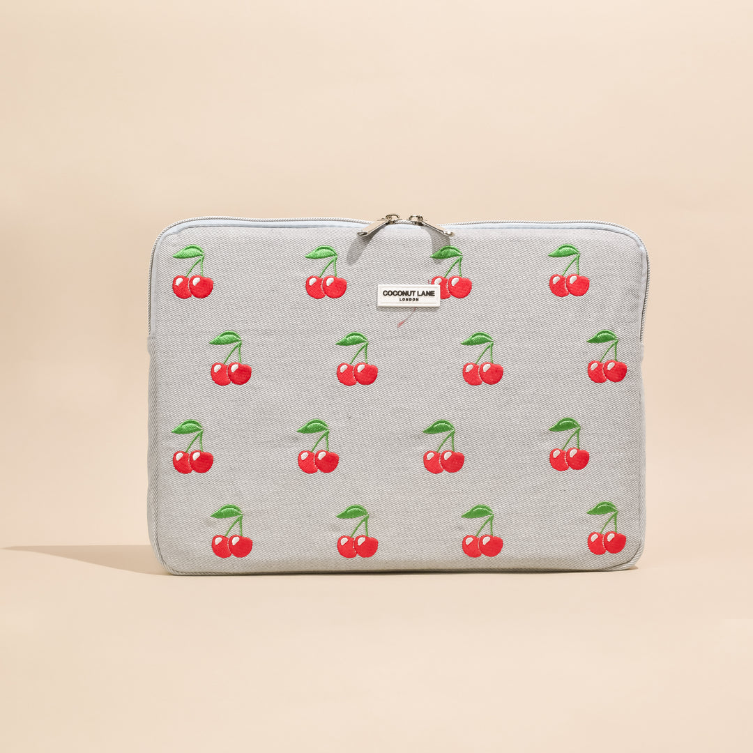 LUXE Denim with Embroidered Cherries Laptop Sleeve