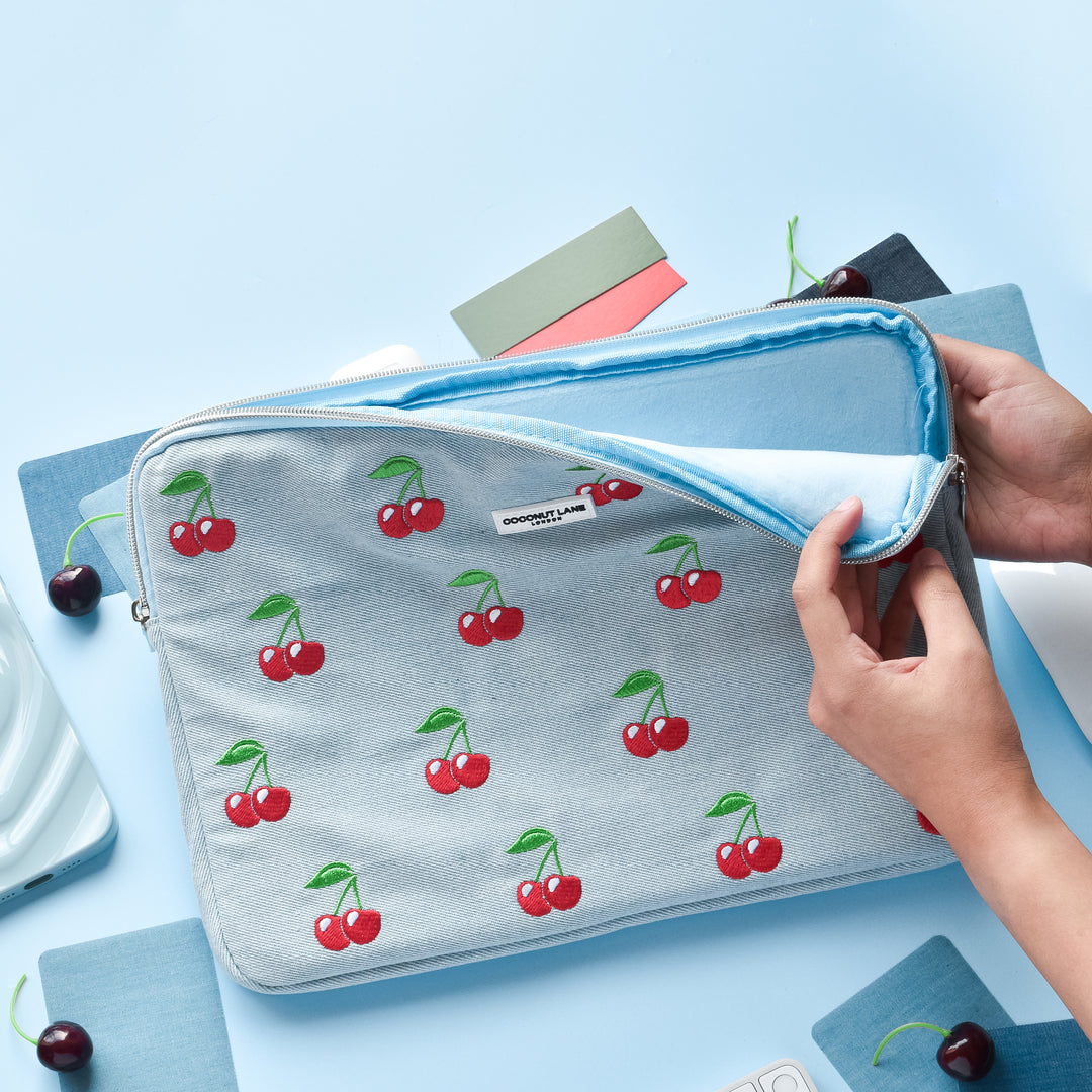 LUXE Denim with Embroidered Cherries Laptop Sleeve