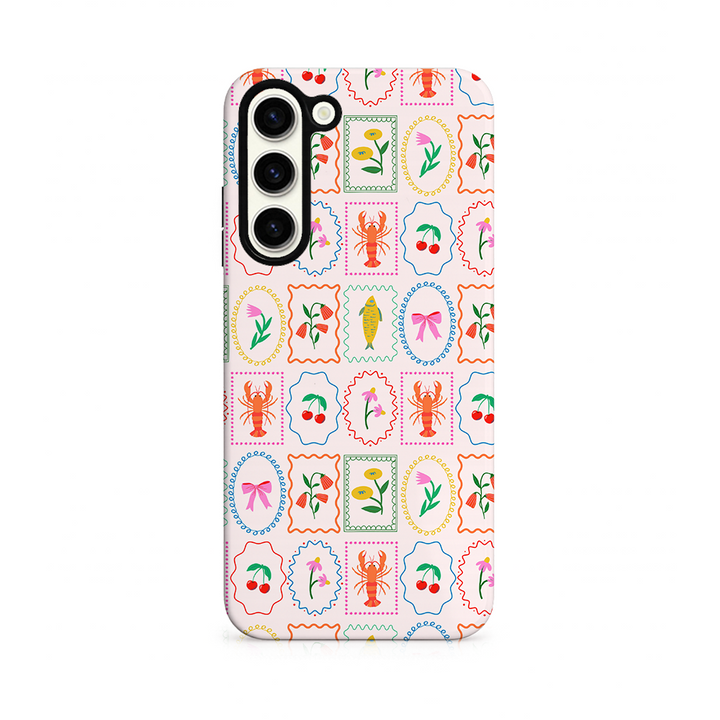 Phone case with colourful pattern on a white background