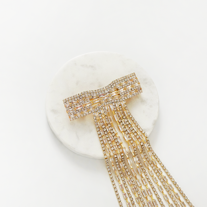 Diamante Bow Tassel Hair Clip - Gold