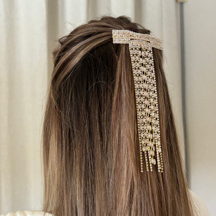 Diamante Bow Tassel Hair Clip - Gold