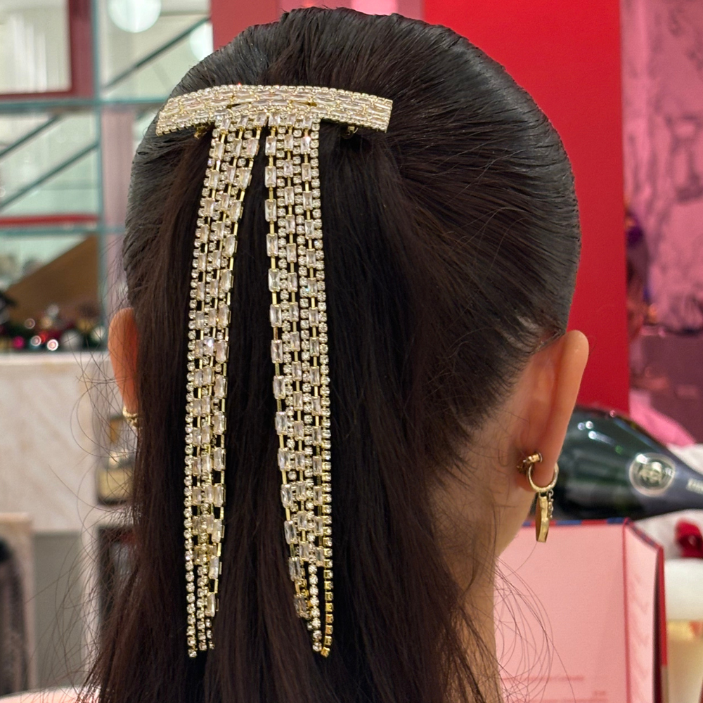 Diamante Bow Tassel Hair Clip - Gold