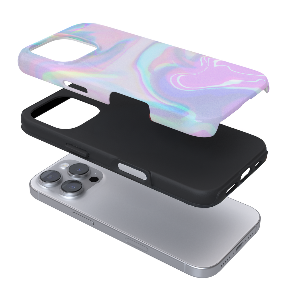 Expanded view of a phone case with iridescent bubble design on a white background
