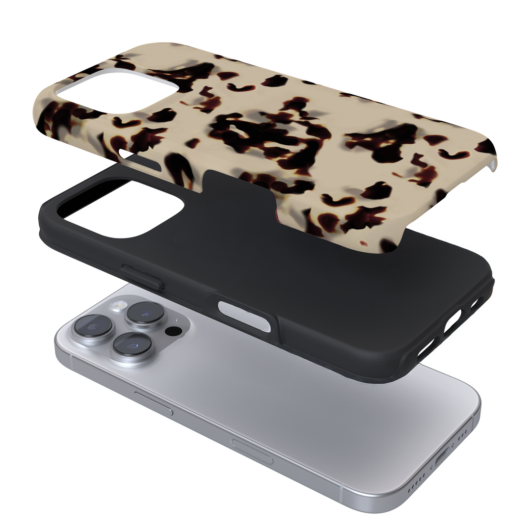 Expanded view of a phone case with a beige tort design on a white background