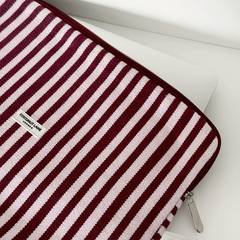 Burgundy and light pink striped Laptop Sleeve, with silver zip and Coconut Lane logo.