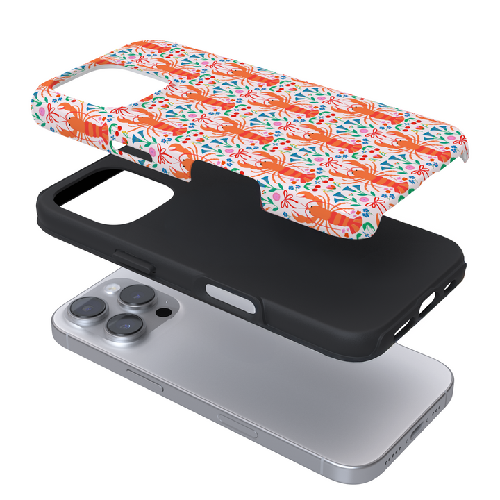 Expanded view of a phone case with a lobster print on a white background