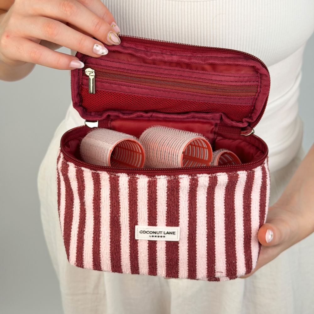 Mini towel travel vanity in blushberry stripes with rollers inside
