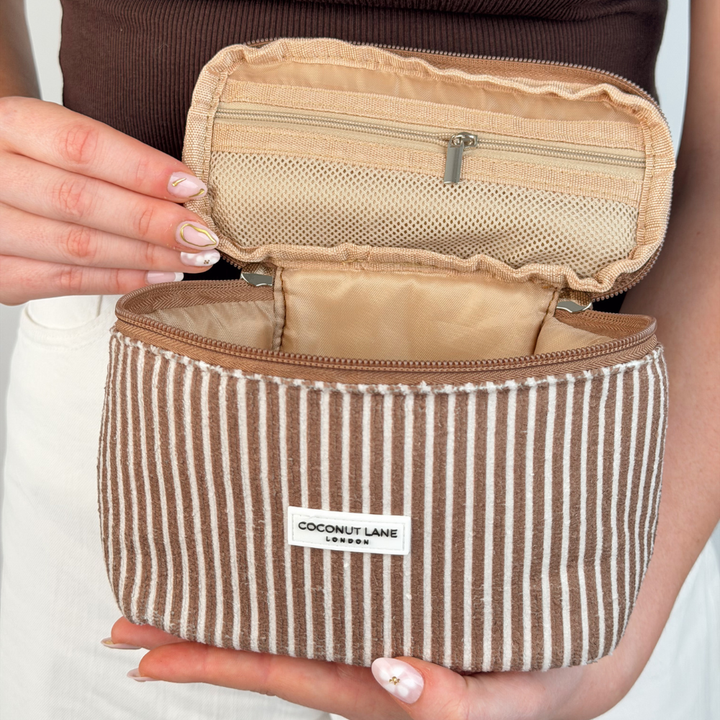 Inside image of the mini towel vanity case chestnut stripes