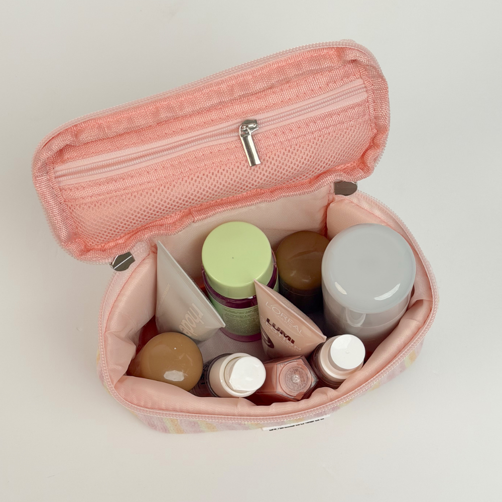 Girl with Mini Vanity Case open Pastel Stripes design