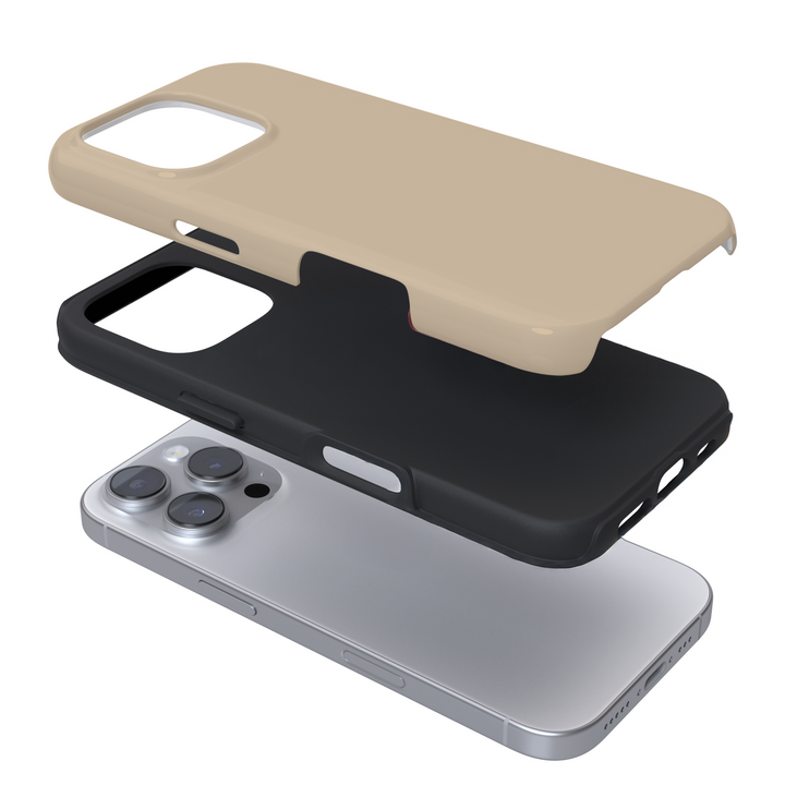 Expanded view of a beige phone case on a white background