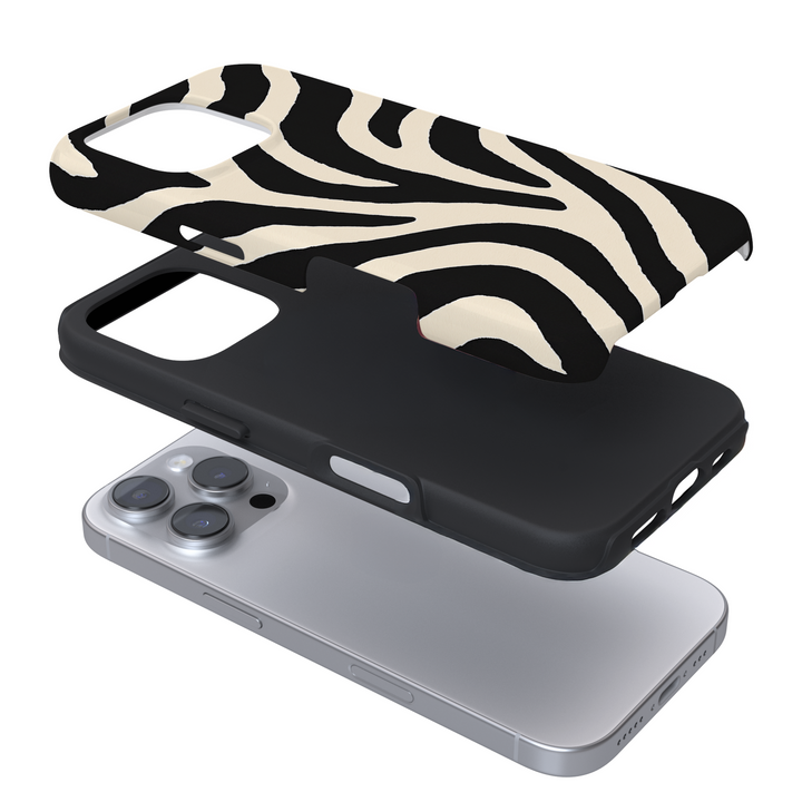 Expanded phone case with zebra pattern on a white background