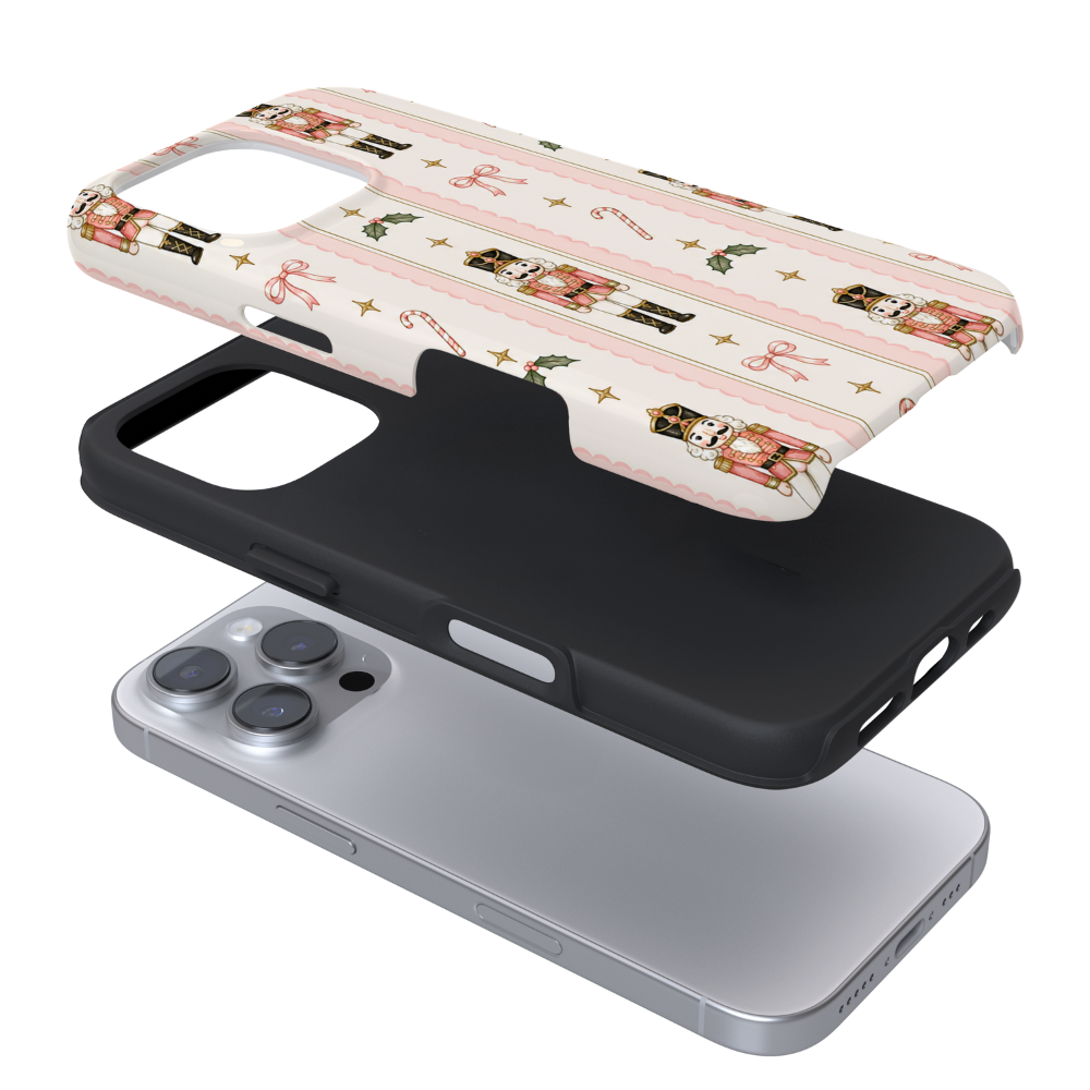 Cute nutcracker, candy cane, bows and sparkles case with pink stripes.