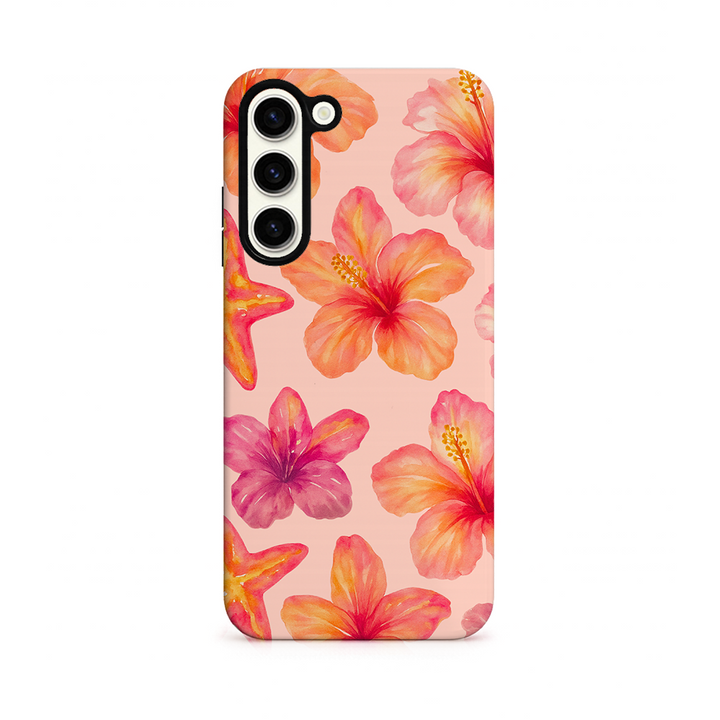 Phone case with pink and orange floral design on a white background