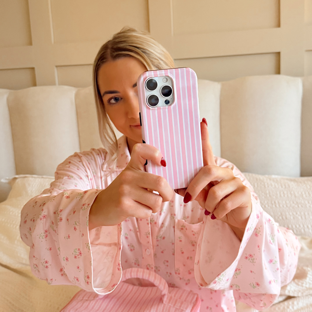 Girl taking selfie with Powder Stripes Tough Phone Case