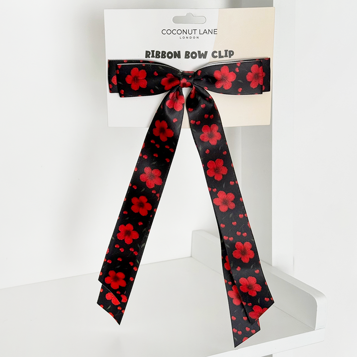 Ribbon Bow Clip - Cherry Hibiscus