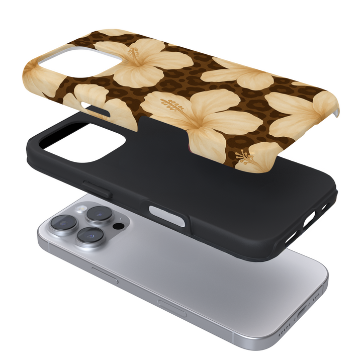 Expanded view of a phone case with a leopard print pattern with hibiscus, on a white background