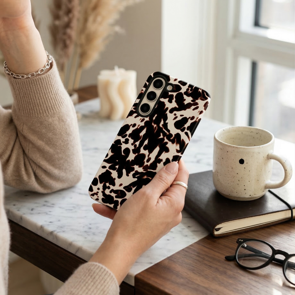 Hand holding a white tortoiseshell Samsung Tough Phone Case beside a coffee mug, notebook, and pen.