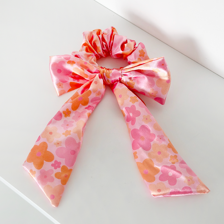 Satin Bow Scrunchie - Pink & Orange Bloom