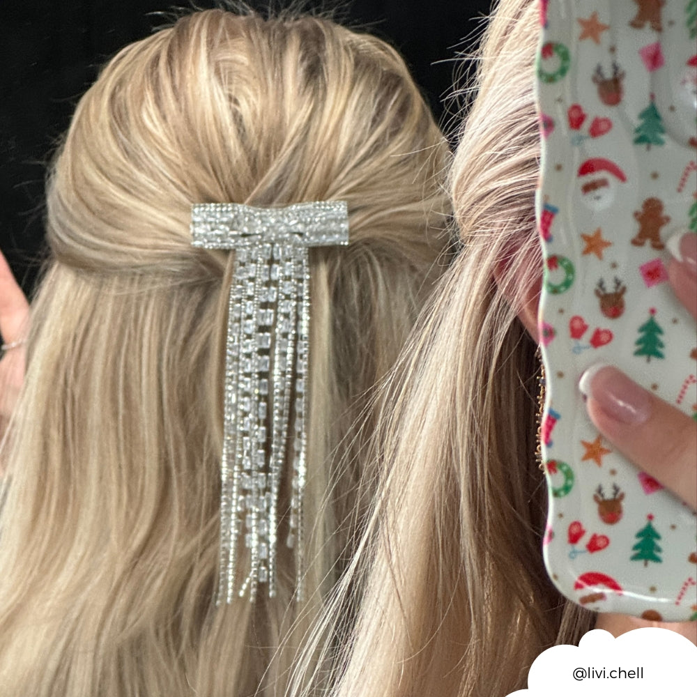 Diamante Bow Tassel Hair Clip - Silver