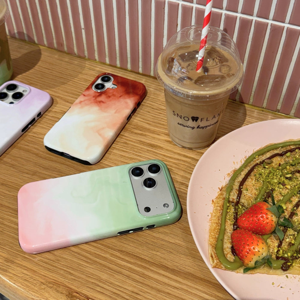 Strawberry Matcha Phone Case next to dubai chocolate crepes and iced matcha