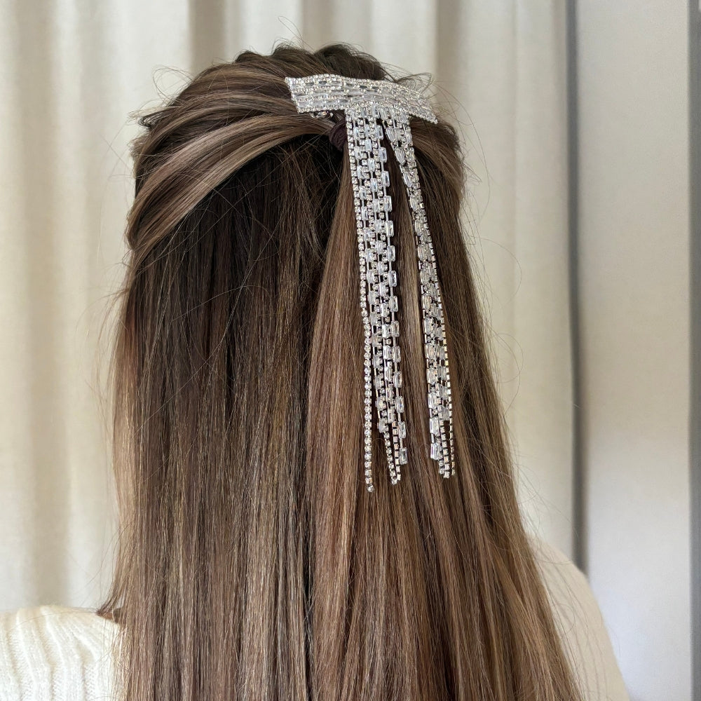 Diamante Bow Tassel Hair Clip - Silver