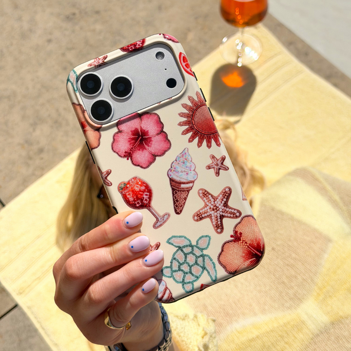 Girl taking selfie next to pool with her Tough Island Girl Phone Case