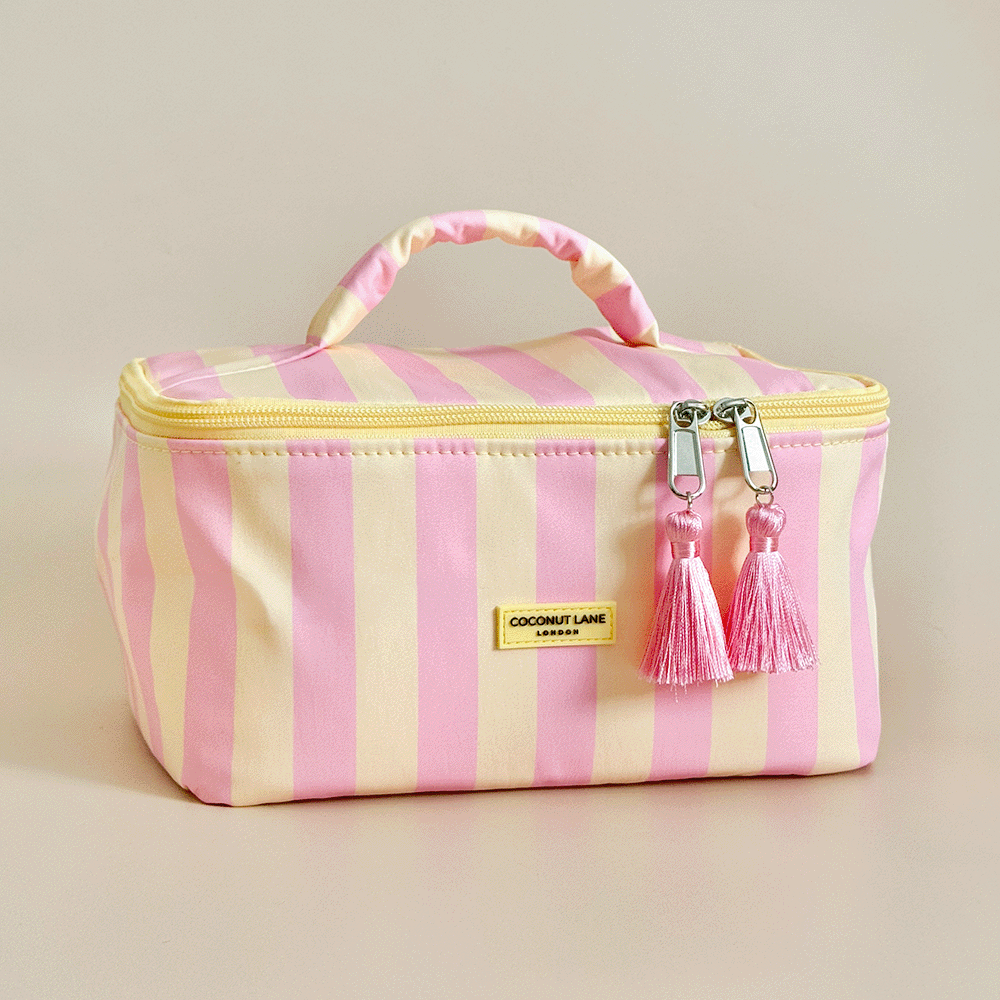 Yellow and pink stripe Vanity Case, with tassels and padded handle.