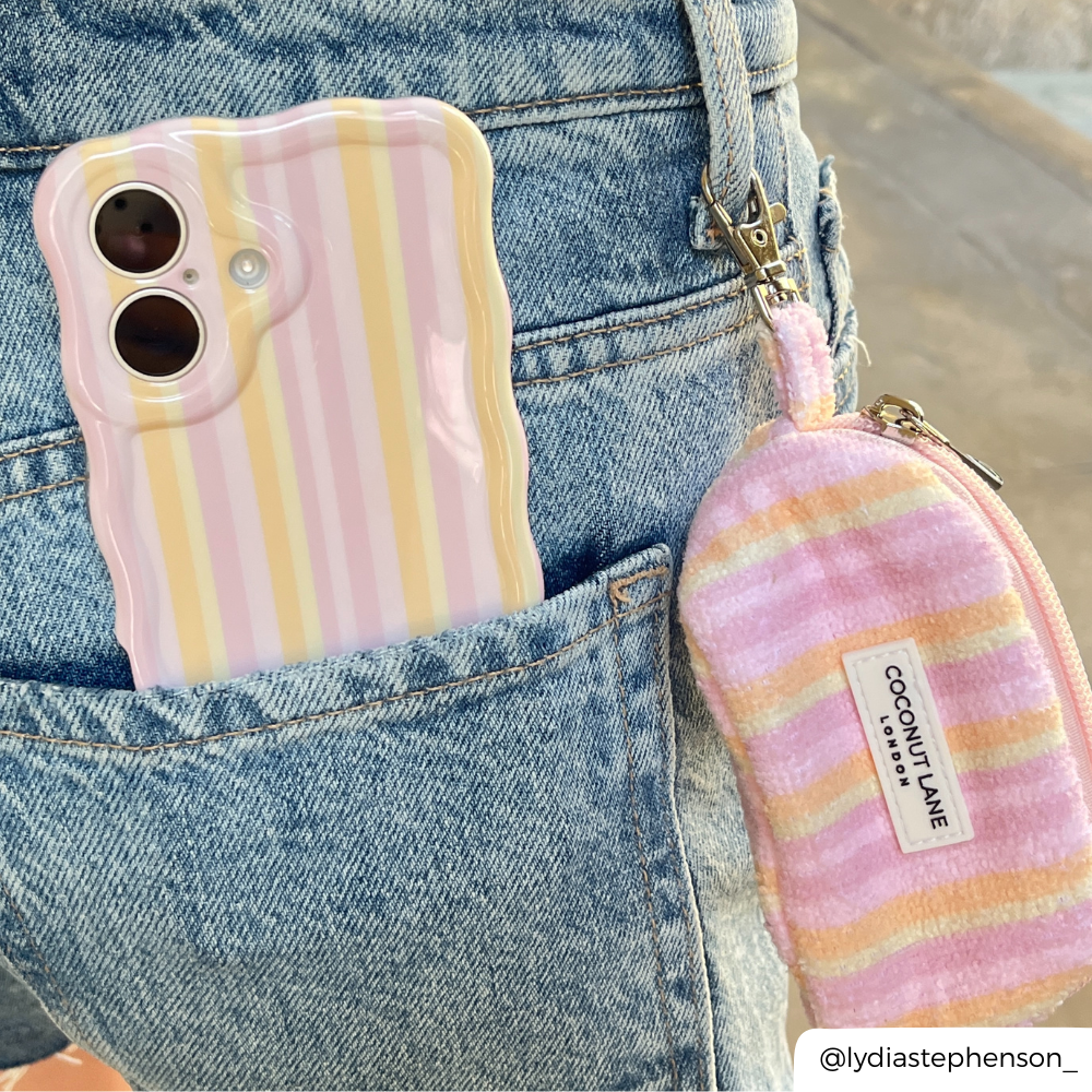 Wavy Pastel Stripes Phone Case in jean pocket with mini bag attached