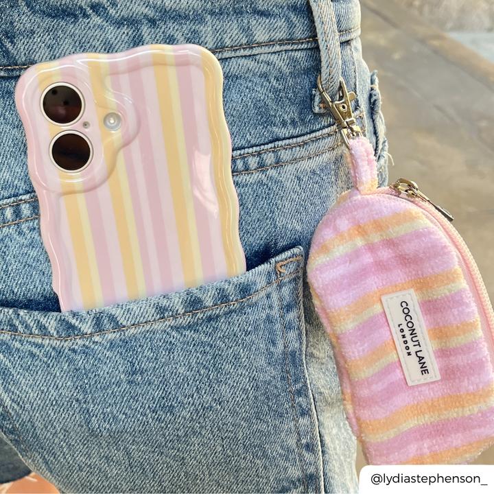 Wavy Pastel Stripes Phone Case in jean pocket with mini bag attached