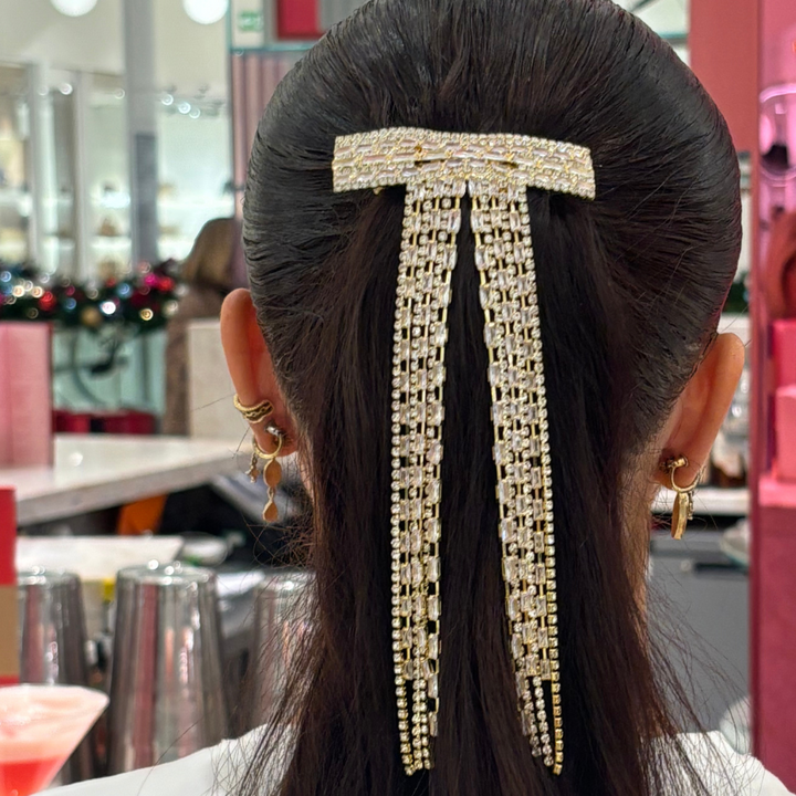 Diamante Bow Tassel Hair Clip - Gold