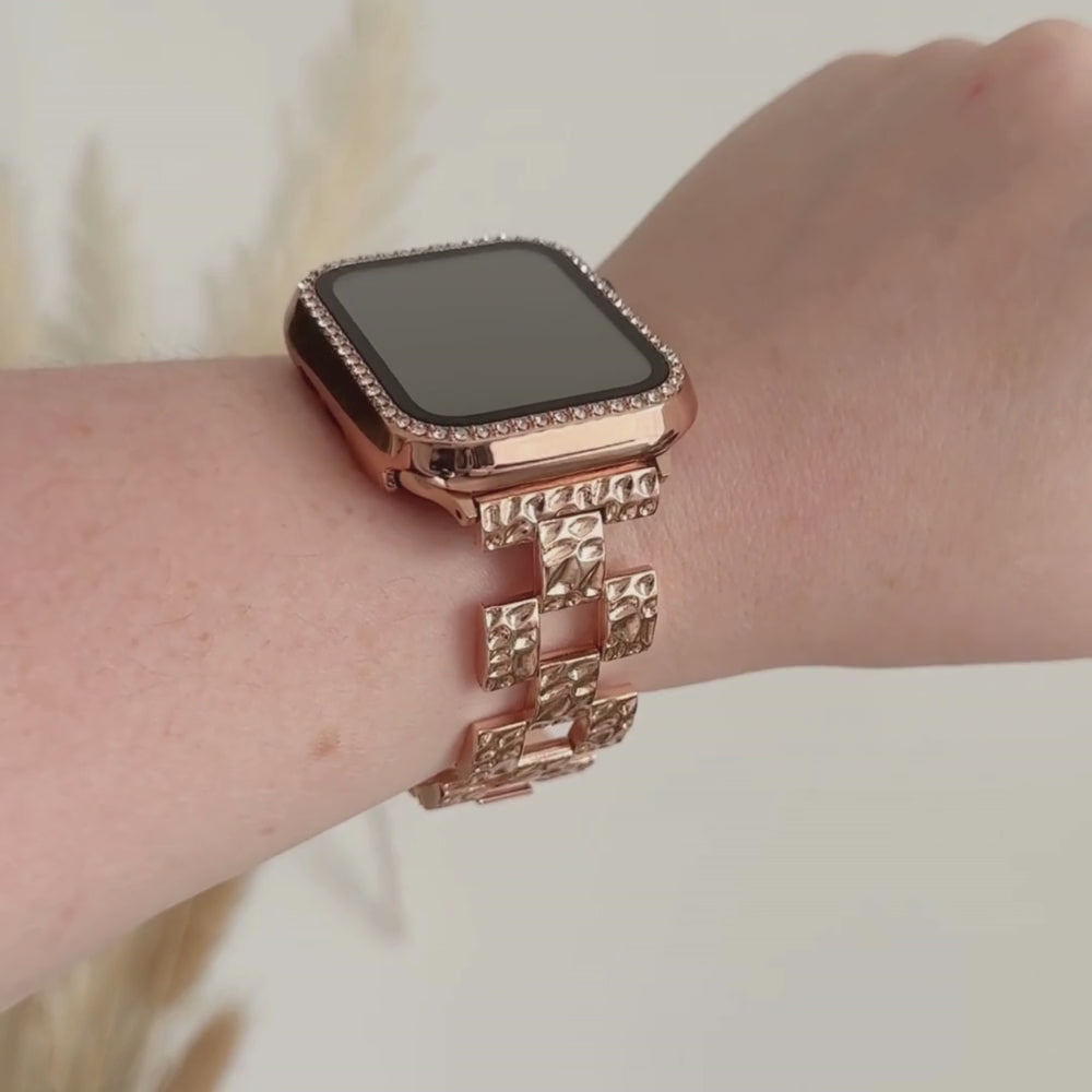 Ultimate Crushed Metal Rose Gold Diamante Apple Watch Strap Bundle