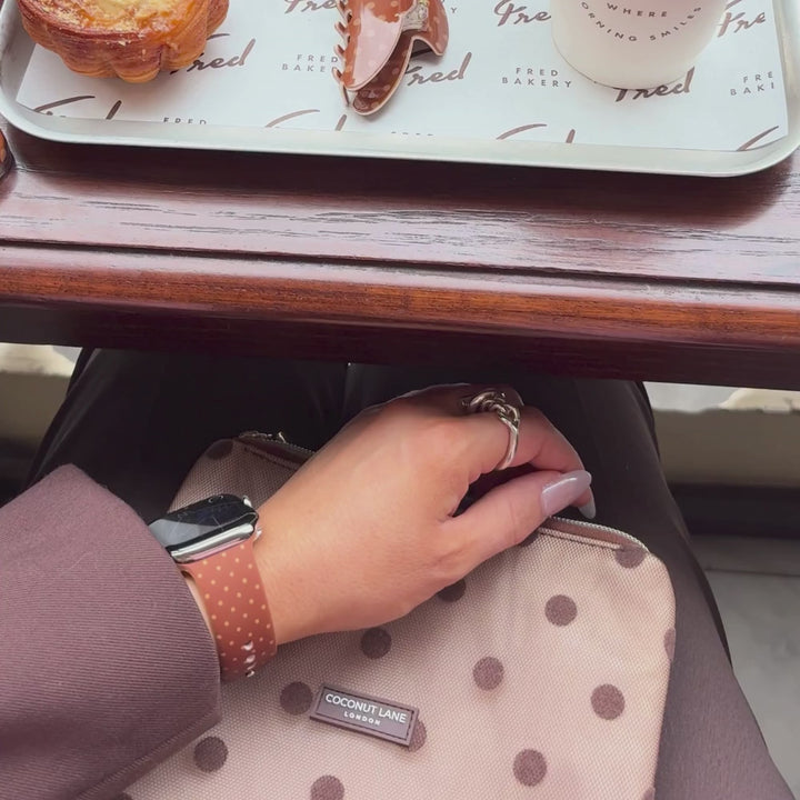 Dot Society Apple Watch Strap in Chocolate Brown. Brown watch strap with polka dot design.