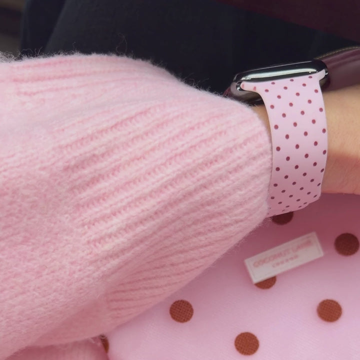 Dot Society Pink and brown Apple watch strap. Baby pink watch strap with dainty brown polka dot design.