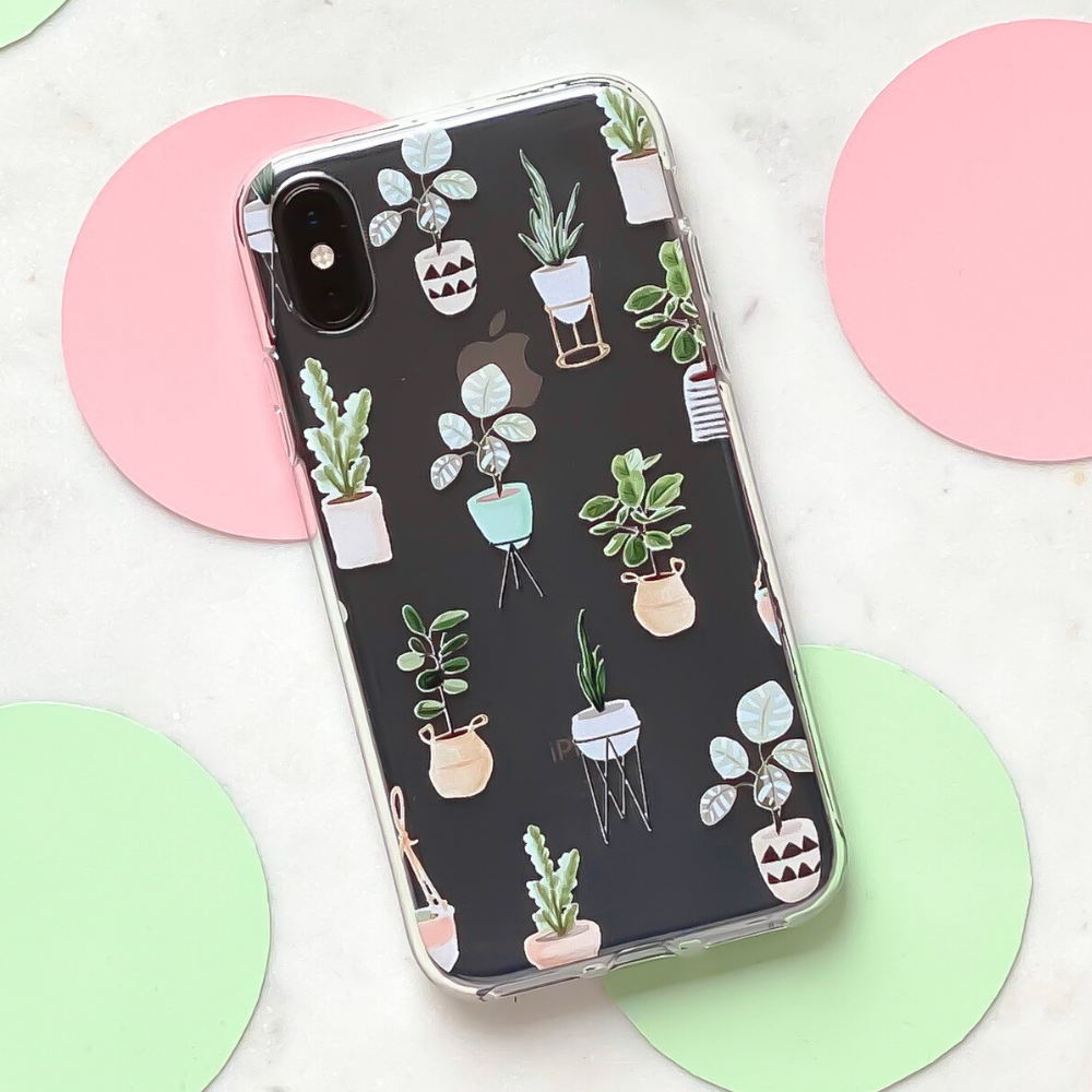 Clear Phone Case - House Plants on marble background surrounded by spots