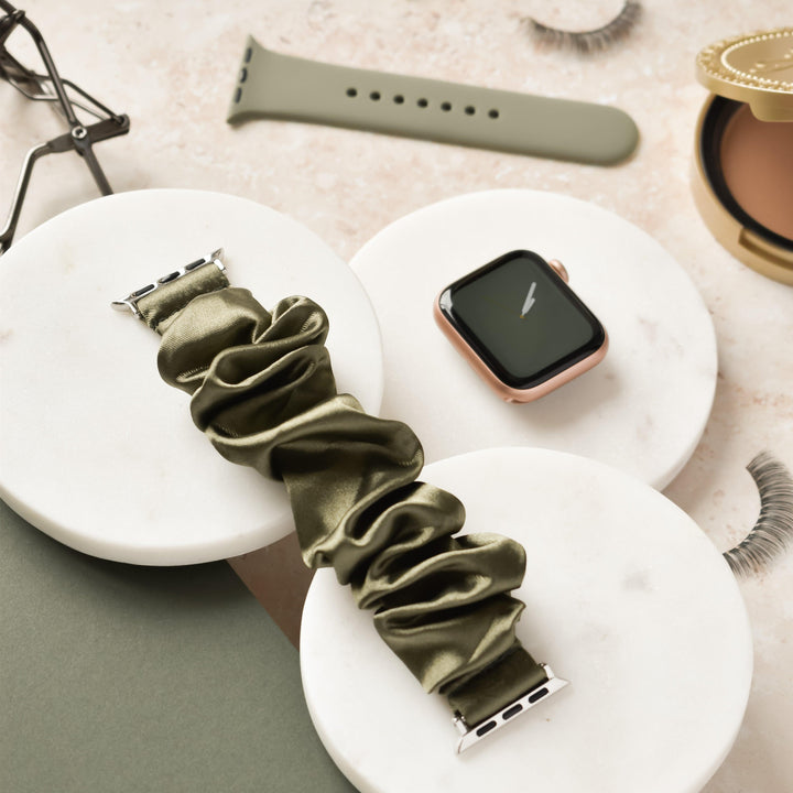 Satin-Green-Scrunchie-Apple-Watch-Strap-Band-Flat-Lay